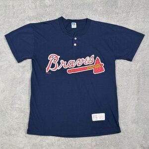 VTG 90s Atlanta Braves Russell Athletic Henley Shirt USA Made M Navy Streetwear